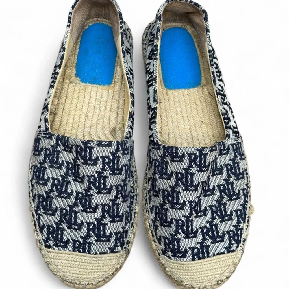 Lauren Ralph Lauren Cameryn II Monogram Jacquard Espadrilles Navy Cream 9.5